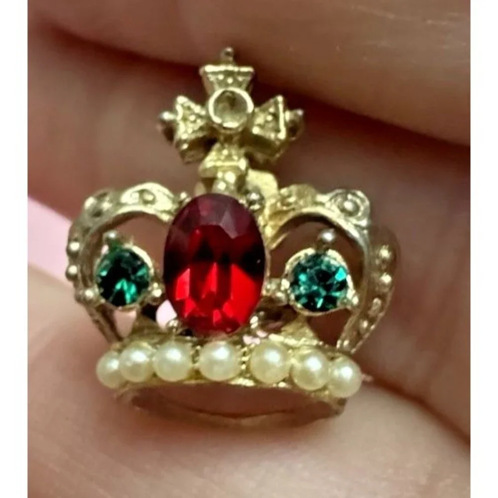 Vintage Crown Brooch Rhinestone Faux Pearl Gold Tone Mini Pin